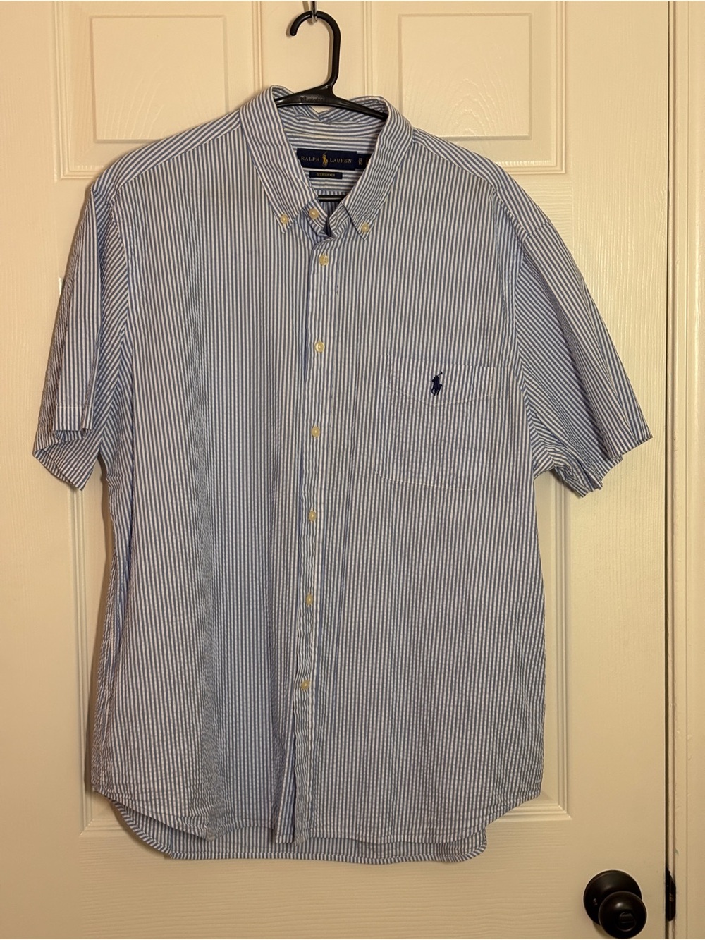 Ralph Lauren Seersucker Blue White Striped Short Sleeve Button Down Shirt MensXL - Picture 2 of 5
